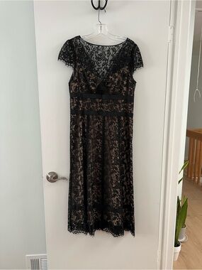 Ann Taylor Black Lace Overlay Midi Dress with Nude Underlayer